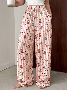 DAZY Striped Cartoon Pattern Print Loose Straight Leg Pajama Bottoms - Pink - View 3