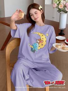 TOM AND JERRY X DAZY 可爱卡通印花宽松 T 恤上衣和超大字母徽标舒适睡裤睡衣套装 - 紫色 - 查看 4