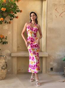 Firerie 新款优雅露背印花连衣裙，适合海滩度假装女士波西米亚风女装系带花卉度假装