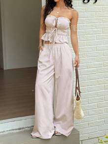 SHEIN Unity 2pcs Women Striped Frill Tie Front Bustier Top And Pants Set, Casual - Apricot - View 5