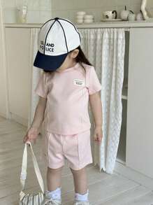 2pcs/Set Newborn/Infant Girls Spring/Summer Casual Cute Everyday Fun Air Layer Knit Short Sleeve T-Shirt & Shorts Set, Suitable For Lounging & Outings Baby Girl Casual Clothes Toddler Girl Clothes Summer Young Girls Sets Toddler Clothes Summer - Pink - View 6