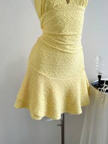Elamini Women's Summer Casual Everyday Solid Color Knitted Fabric Double Layer Ruffle Halter Tie Bow Mini Dress
