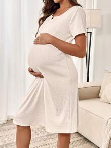 SHEIN Beige Casual Maternity Dress: Breathable Knitted Fabric, Button Detail, And Discreet Nursing Access - Beige - View 4