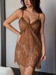 DAZY 性感透明蕾丝细肩带女士内衣睡袍 - 咖啡棕 - 查看 8