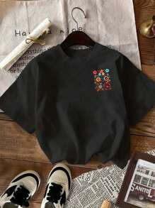 SHEIN EZwear Plus Size Round Neck Short Sleeve T-Shirt, Fashionable For Summer - Black - View 2