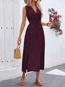 SHEIN Clasi 女士夏季纯色翻领双排扣长款无袖通勤连衣裙长款女装 - 紫紅色 - 查看 4