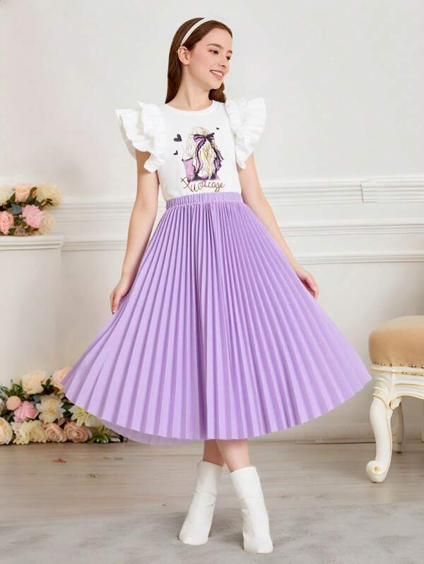 2 Stücke/Set Teenager Mädchen Lässig Rüschen Flügelärmelshirt und Elastische Taille Plissee Mini Rock Set