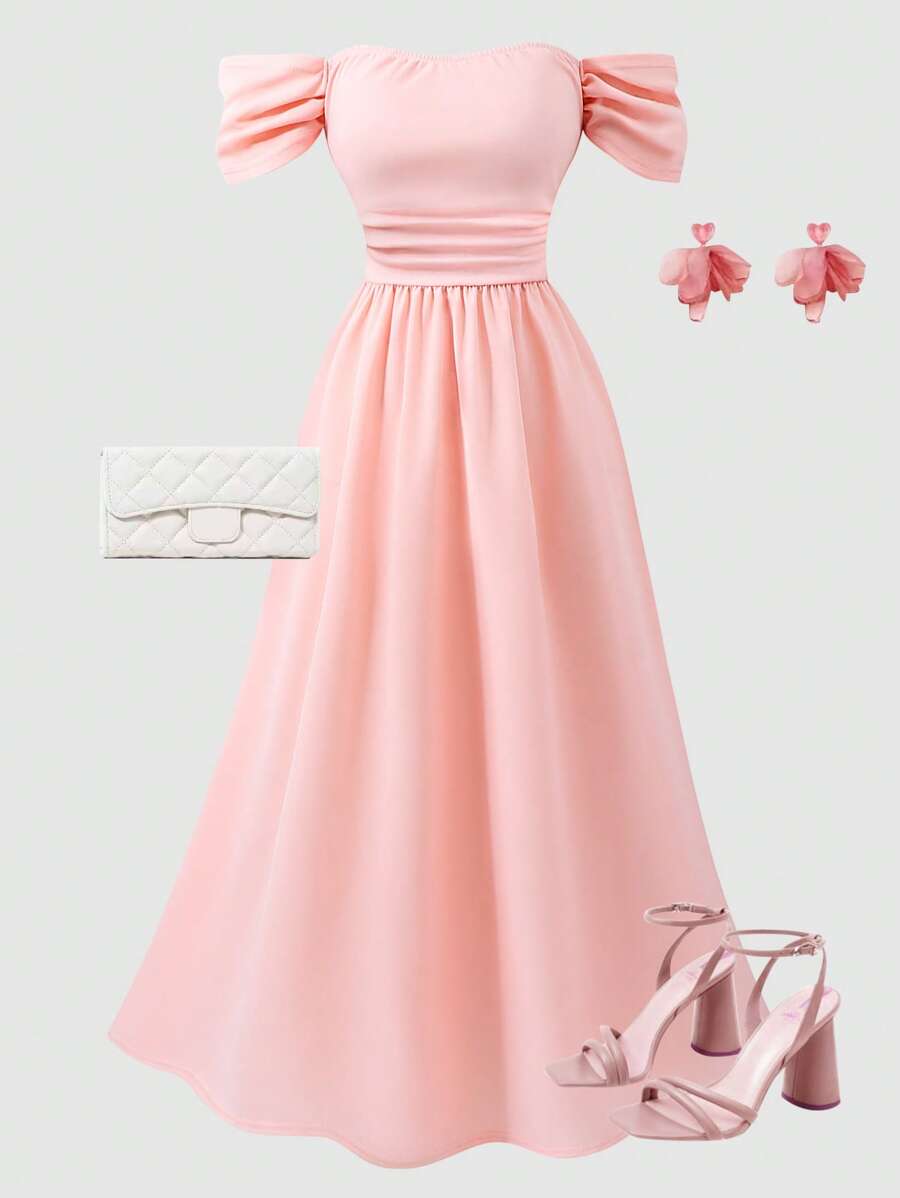 SHEIN Vestido elegante de unicolor rosa con lazo en la cintura para niñas adolescentes con hombros descubiertos - Rosa - Ver 1