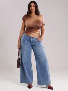 SHEIN BAE 加大码女式优雅简约扎染图案宽松不对称褶皱不对称领口短上衣，适合夏季、女士度假装、母亲节、母亲节礼物、妈妈、长春、复活节及毕业典礼、节日之夜、夏季、优雅、音乐会女士、女士夏季、夏季上衣 - 卡其色 - 查看 7