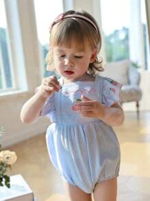 Souflis Souflis Tutina da bambina da indossare tutti i giorni, con bretelle, a righe, ricamo di ciliegie, in tessuto intrecciato, stile sofisticato da esterno per bambina di moda