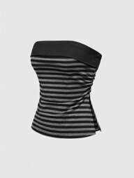 Grunge Punk Tenue d'été pour femmes: Top court style patchwork à rayures de la sous-culture Y2K avec fente à l'ourlet