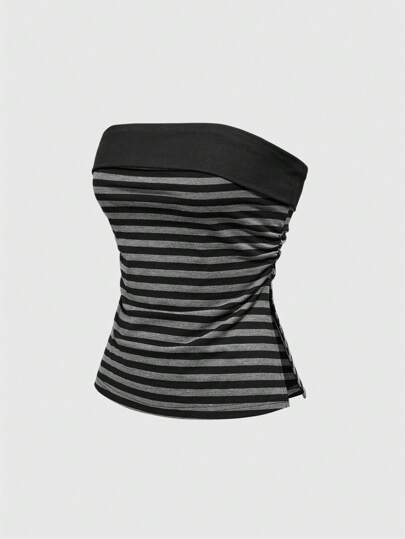 Grunge Punk Summer Outfits For Women: Y2K Subculture Striped Patchwork Crop Top With Slit Hem Design