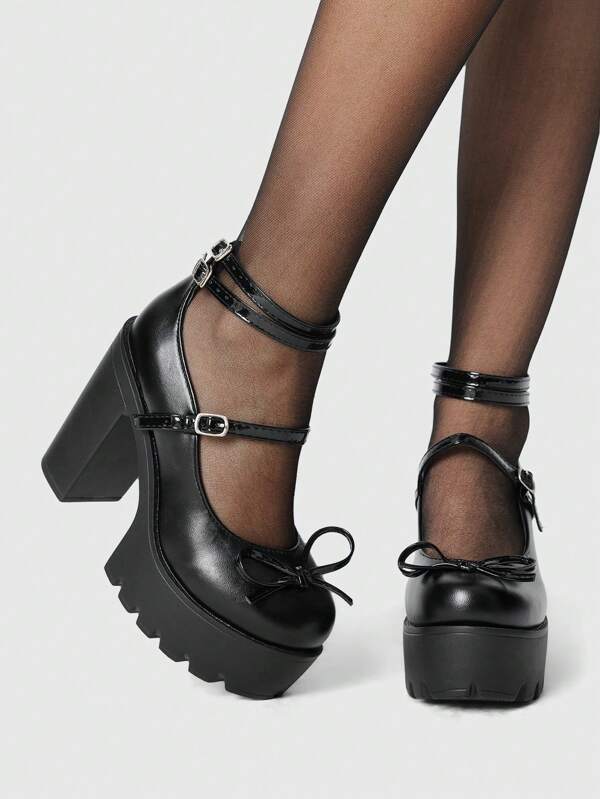 ROMWE Goth Women's Black Patent Leather Mary Jane Pumps With Closed Toe, Bowknot Decor & Ankle Strap, Lolita Style High Heels Valentine's Day