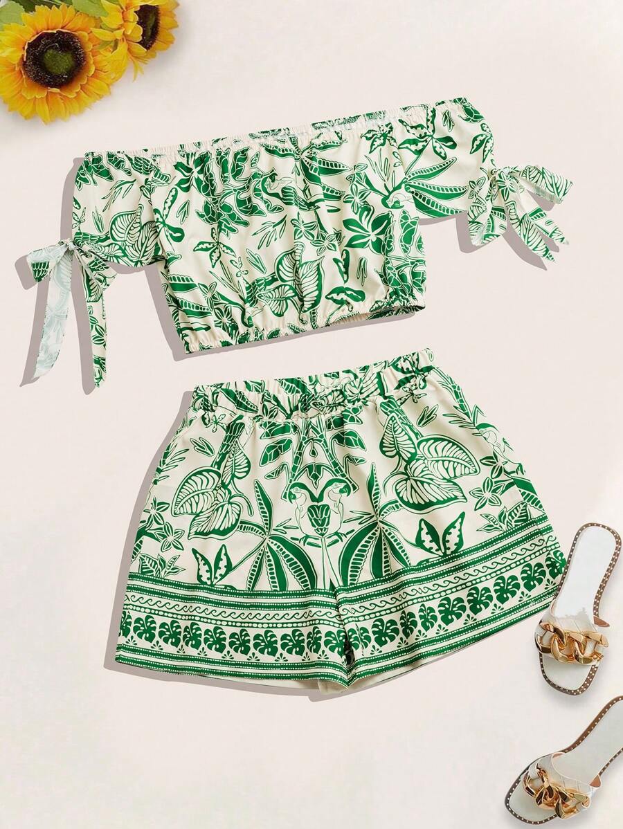 Breezaya 2pcs Women Off-Shoulder Short Sleeve Top And Shorts Set - Green - View 1