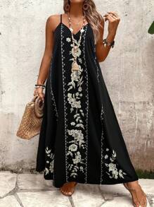 SHEIN Holidaya Plus Size Women Floral Embroidery Print Loose Maxi Slip Dress, Casual For Daily, Commute, Holiday, Summer - Multicolor - View 7