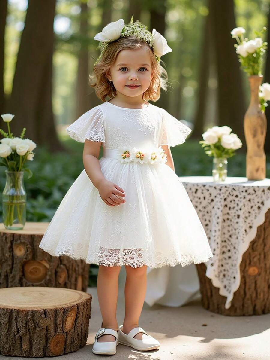 SHEIN Glamorique Kids Vestido de princesa con decoración de flores de encaje para niña, vestido de niña de las flores, vestido de bebé elegante, vestido elegante para bebé niña, ropa de verano para bebé niña, vestidos de bebé niña elegantes - Blanco - Ver 1