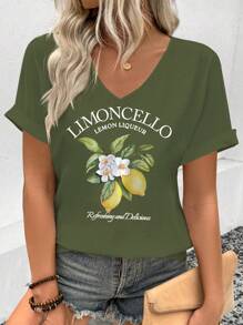 INAWLY Women's Lemon & Lemon Flower Print V-Neck Cut-Out Casual Short Sleeve T-Shirt, Summer