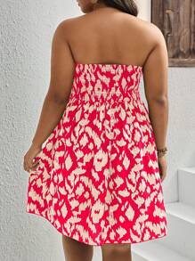 SHEIN VCAY Plus Size Red Animal Print Boho Dress: Strapless Shirred Woven Mini Dress For Summer - Red - View 2