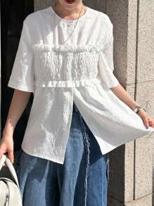 FRIFUL Camicia estiva da donna con bustier imbottito, a maniche corte, con scollo tondo e design patchwork, stile loose