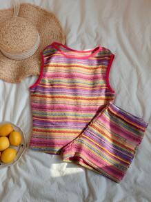Comfortcana 2 件套女士夏季度假条纹镂空针织吊带背心和短裤套装