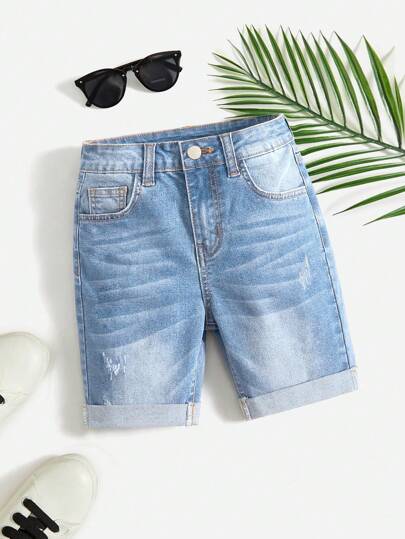 SHEIN Tween Boy Fashion Casual Light Blue Stretch Hem Skinny Denim Shorts For Kids Clothes Boys Costume Dailywear And Kids Summer And Spring Clothes