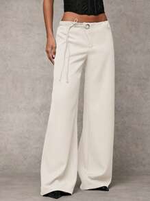 SHEIN BAE Quần ống rộng, quần ống rộng, quần đi làm, quần dài hàng ngày, quần ống rộng, quần ống rộng thoải mái, quần rộng rãi, quần dài hàng ngày - Màu be - Xem 5