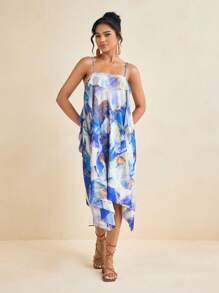 EBIB 夏季蓝色印花网眼 A 字形细肩带荷叶边中长连衣裙女士夏季度假连衣裙