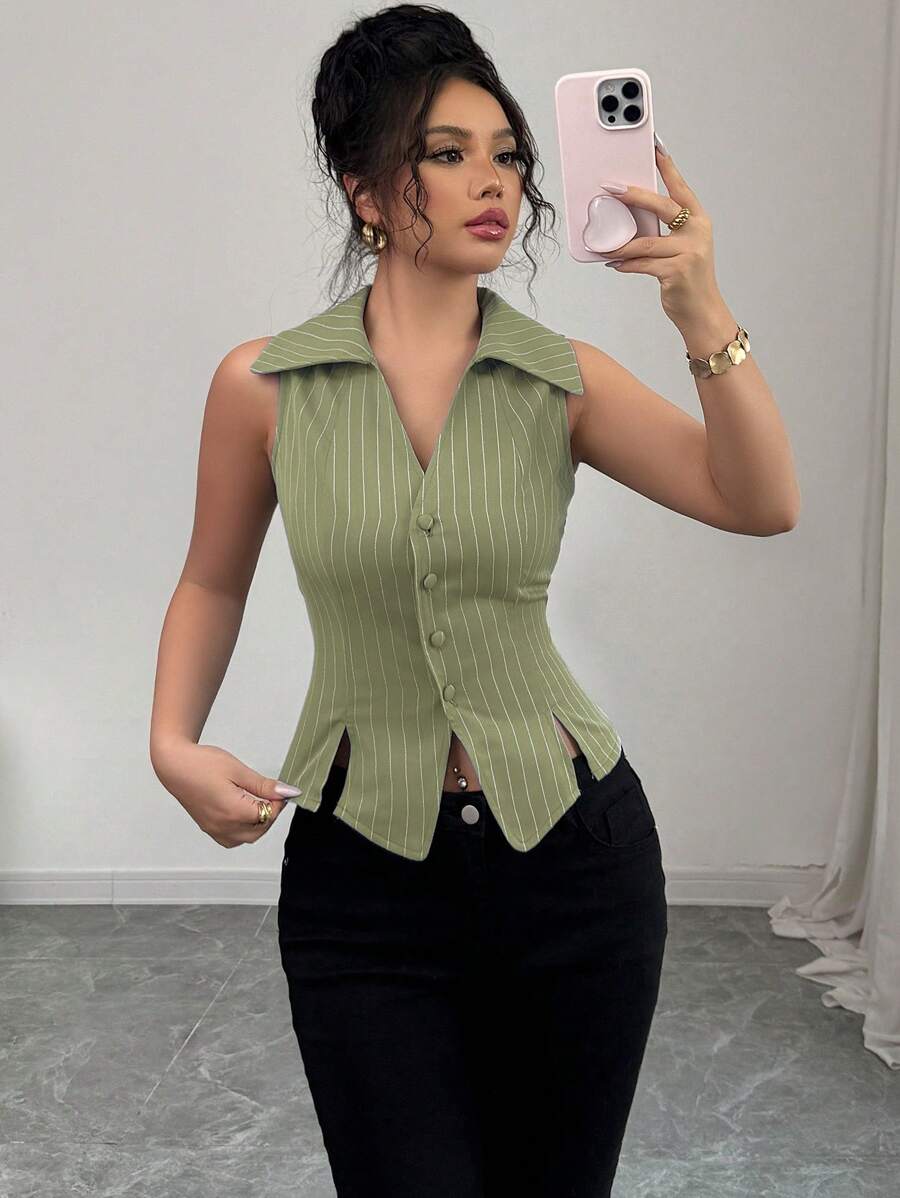 Elenzga 女士优雅法式 V 领无袖条纹衬衫，纽扣装饰和 V 形下摆开衩，适合通勤、休闲和度假穿着，春夏季 - 綠色 - 查看 1
