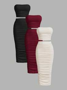 SHEIN Essnce 女士夏季休闲纯色褶皱露肩上衣外出上衣抹胸及膝修身裙套装机场装返校服装女式两件套抹胸套装秋季外出套装，3 件