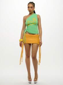 SUMWON WOMEN Island Girl One Shoulder Tank Top Tropical Summer Beach Ruched Side Drawstring Hawaiian Surf Vacation Festival Crop Sleeveless Off The Shoulder Top - Green - View 3