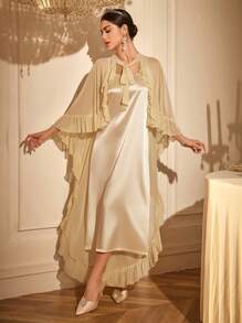 LuxeNights Wedding Season Women Luxury Handcraft Asymmetrical Ruffle Tie Mesh Robe + Charmeuse Slip Dress Set