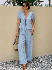 SHEIN Frenchy Women 2pcs Set Striped Print Ruffle Hem Short Sleeve Top & Long Pants Flower Summer Vacation Holiday Resort - Blue and White - View 7