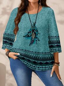 EMERY ROSE Camisa holgada de mujer talla grande con cuello redondo y manga 3/4 con estampado total, adecuada para primavera y otoño