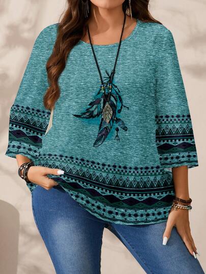 EMERY ROSE Plus Size Women Casual Allover Print Round Neck Loose 3/4 Sleeve Shirt, Suitable For Spring & Autumn Chic Blouses For Women