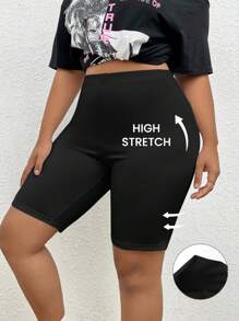 SHEIN EZwear 大码女式高腰纯色休闲百搭短款紧身裤、骑行短裤 - 黑色 - 查看 1