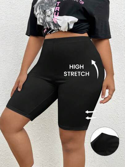 SHEIN EZwear Plus Size Women High Waist Solid Color Casual Versatile Short Leggings , Biker Shorts