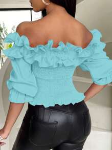 Chiquease Women's Solid Color Ruched Decor Off Shoulder Cropped Top - Teal Blue - View 2