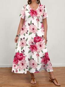 EMERY ROSE 大码女式优雅休闲花卉印花 V 领短袖长裙，适合春夏季 - 彩色 - 查看 4