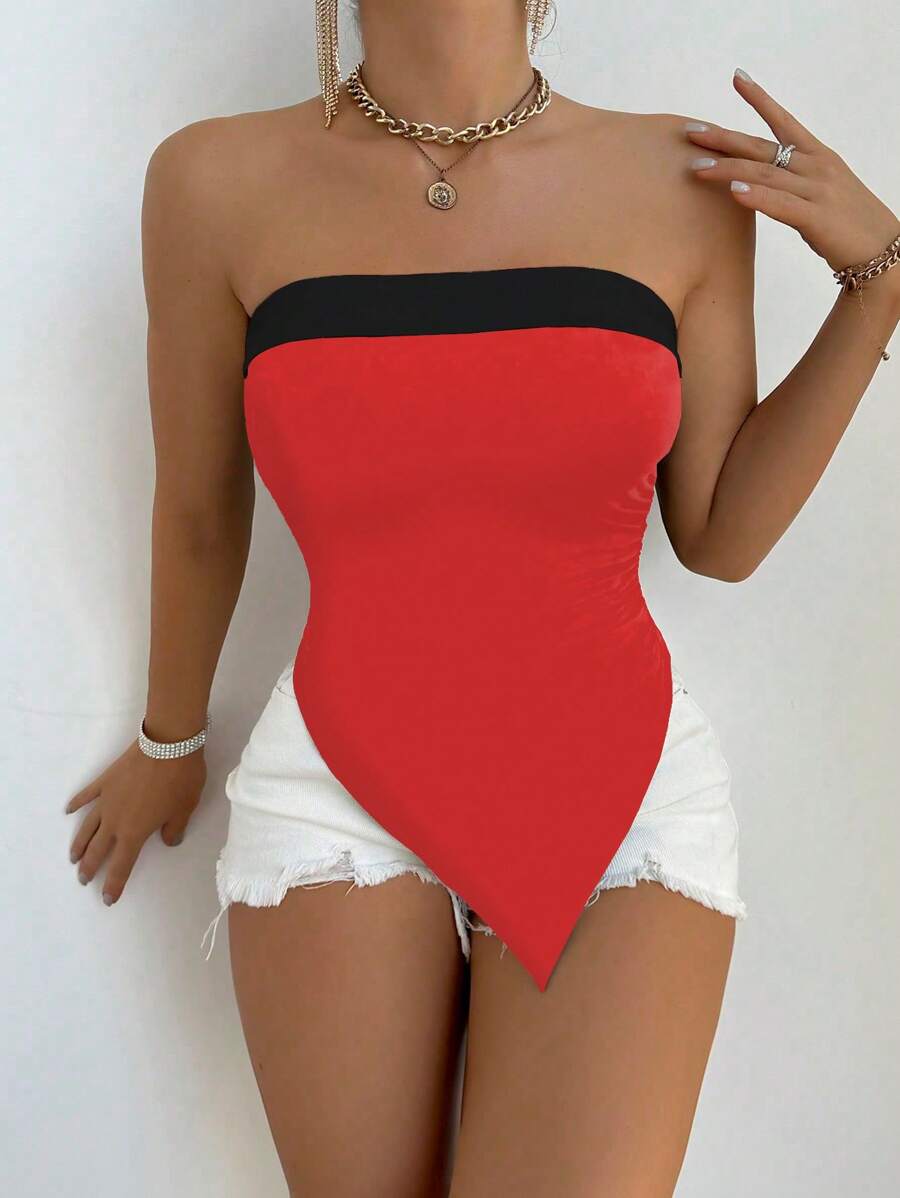 VaVaBold Contrasting Color Asymmetrical Hem Bodycon Sexy Crop Top - Red and Black - View 1