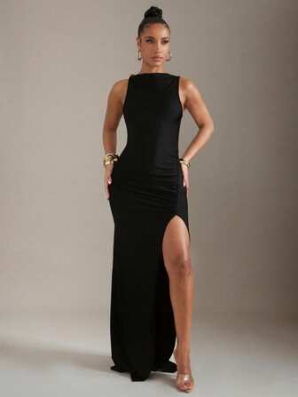 Hauture 时尚性感纯色高开叉无袖紧身连衣裙