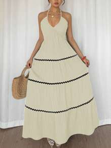 Rafferiza 女式休闲度假风格 A 字形分层荷叶边 V 领长款无袖连衣裙，背部蝴蝶结，黑色，春夏新品 - 杏色 - 查看 5