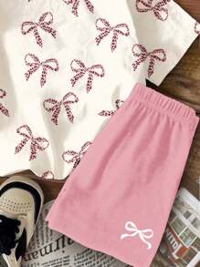 SHEIN Leap Crew 2pcs/Set Tween Girls Leopard Bow Graphic Casual Minimalist Short Sleeve Crew Neck T-Shirt And Shorts Set, Summer - Multicolor - View 5
