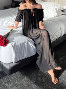 DAZY Sexy Women's Attractive Sheer Mesh Off-Shoulder Ruffle Hem Long Nightgown Pajama - Black - View 3