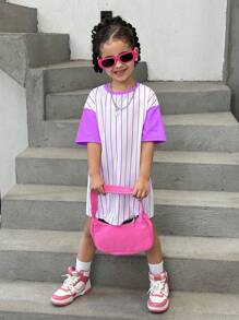 SHEIN Leap Crew 带有可爱动物和条纹图案的年轻女孩针织宽松休闲连衣裙 - 淡紫色 - 查看 4