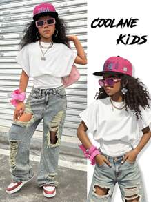 Coolane Kids 少女春夏街头风修身蝙蝠袖白色上衣，适合返校、热带度假和春假穿着。 - 白色 - 查看 1