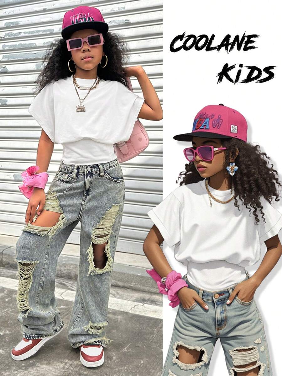 Coolane Kids 少女春夏街头风修身蝙蝠袖白色上衣,适合返校、热带度假和春假穿着。 - 白色 - 查看 1