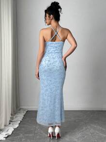 Firerie Festival New Valentine's Day Elegant Romantic Pink Flocked Floral Spaghetti Strap Cinched Waist Asymmetrical Ruched Mermaid Maxi Dress - Blue - View 2