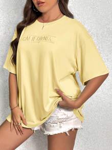 SHEIN EZwear T-shirt décontracté à encolure ronde, manches tombantes, avec broderie de lettres, pour femmes grandes tailles
