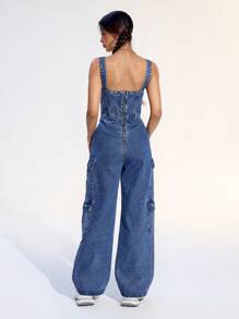 SHEIN EZwear 女士休闲洗水牛仔连身裤 - 深色水洗藍 - 查看 2