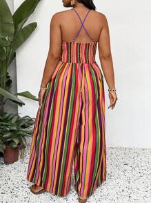 SHEIN SXY 大码女式性感彩色条纹面料撞色紫色腰带装饰交叉肩带阔腿连体裤，适合早春、春夏季、雨林、海滩派对、海边度假、篝火晚会，凉爽轻盈，修身版型，穿着舒适，易于搭配且看起来苗条，凸显您的身材，凸显身材 - 彩色 - 查看 8